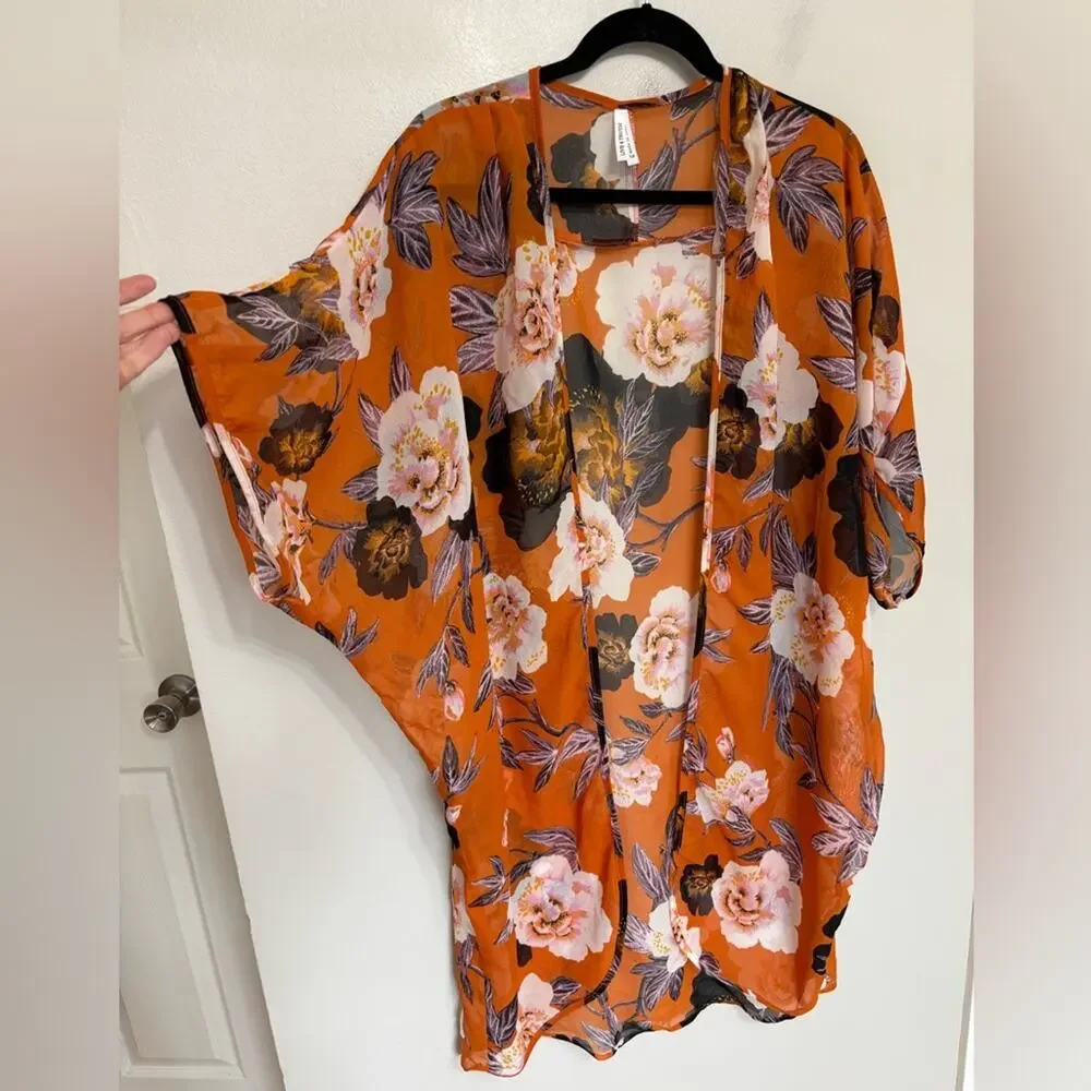 NEW Live 4 Truth Macro Floral Semi Sheer Lightweight Kimono Orange - Size 1X